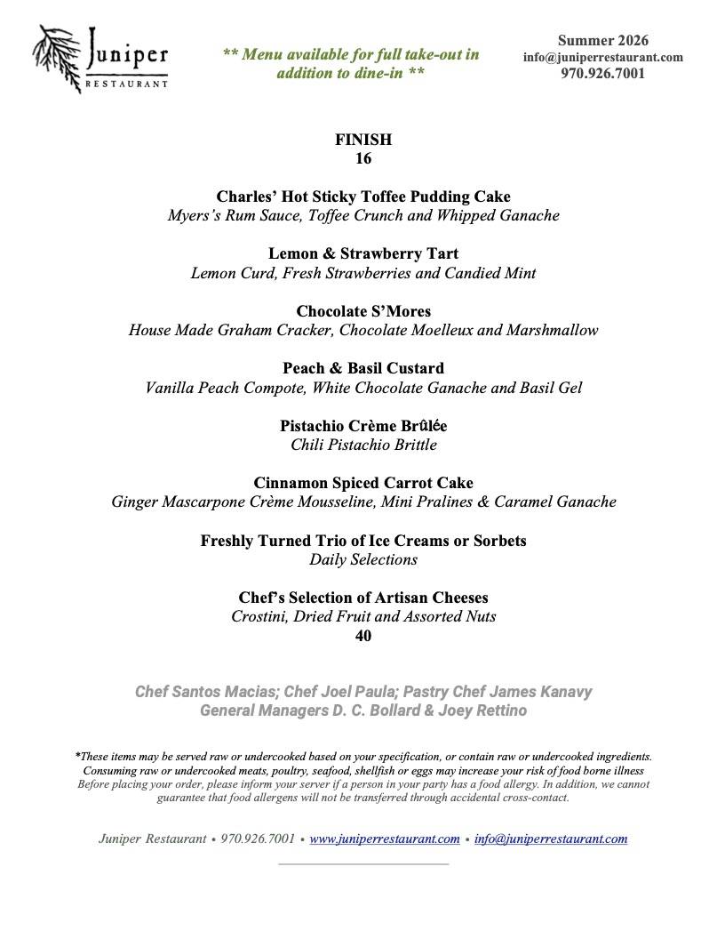 Juniper Restaurant Edwards CO меню
