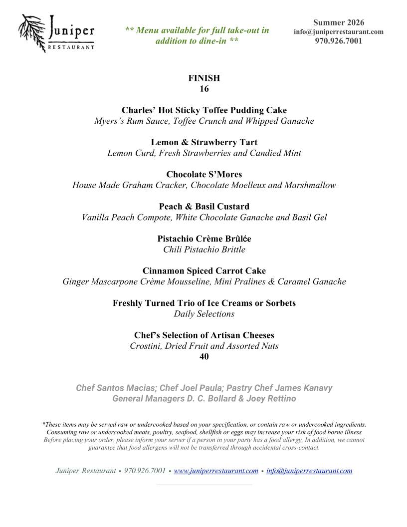 Juniper Restaurant Edwards CO меню