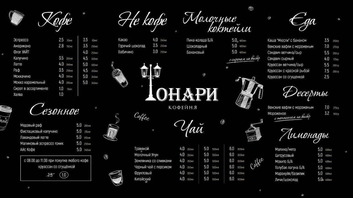 Кофейня ФОНАРИ меню