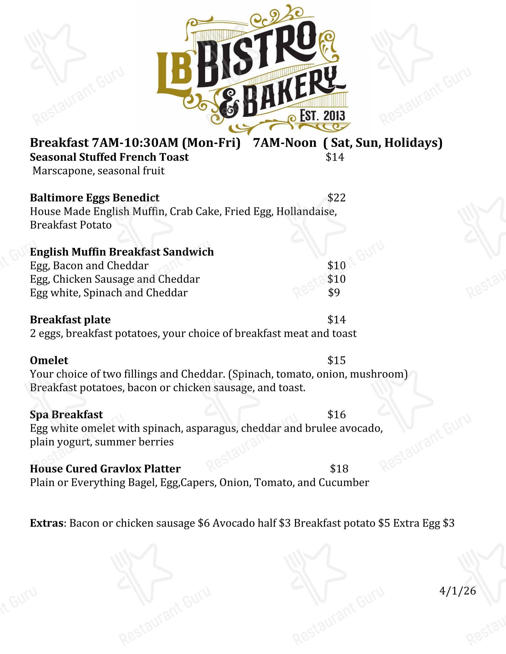 Меню напитков паба и бара LB Bistro & Bakery