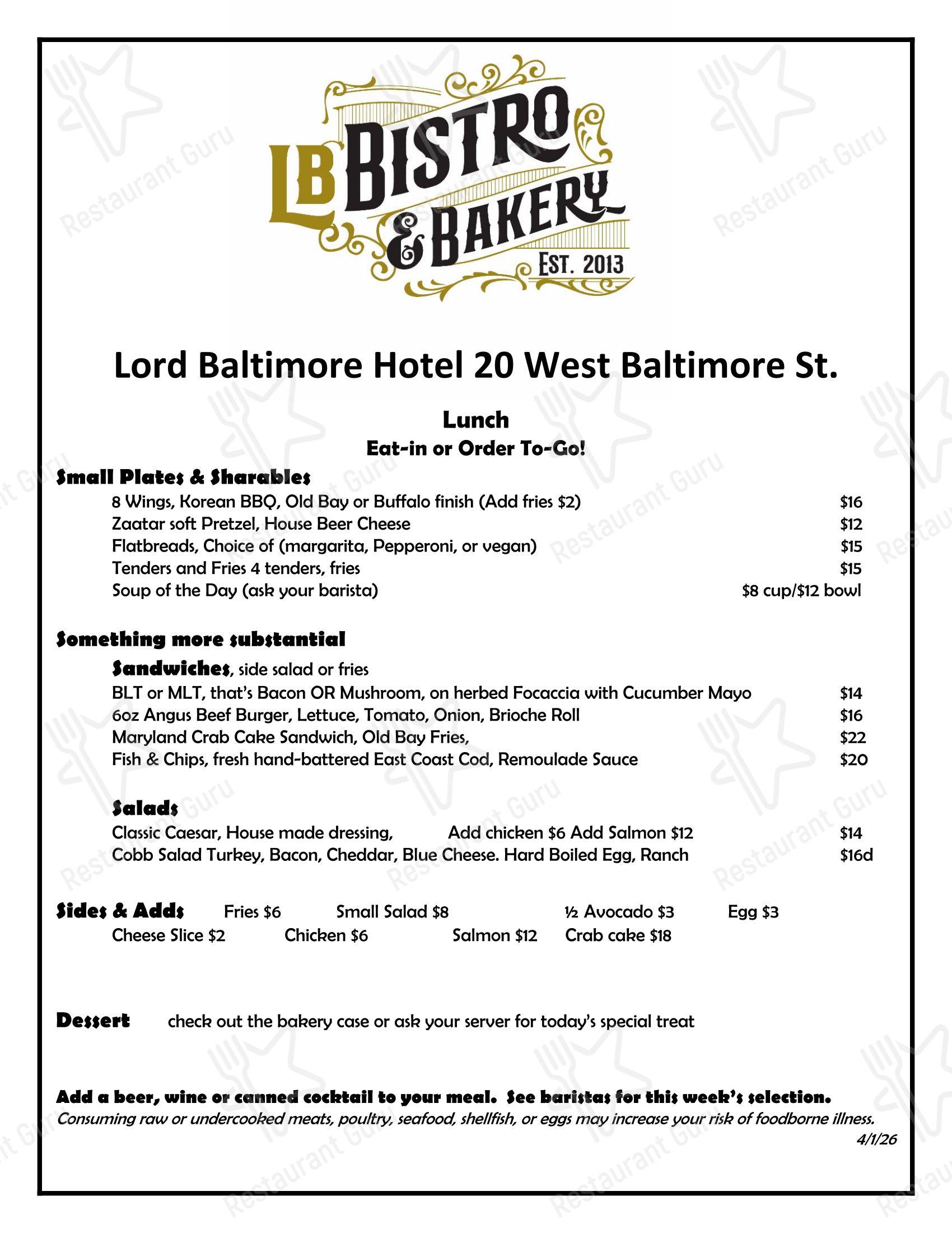 LB Bistro & Bakery в Балтиморе - 菜单
