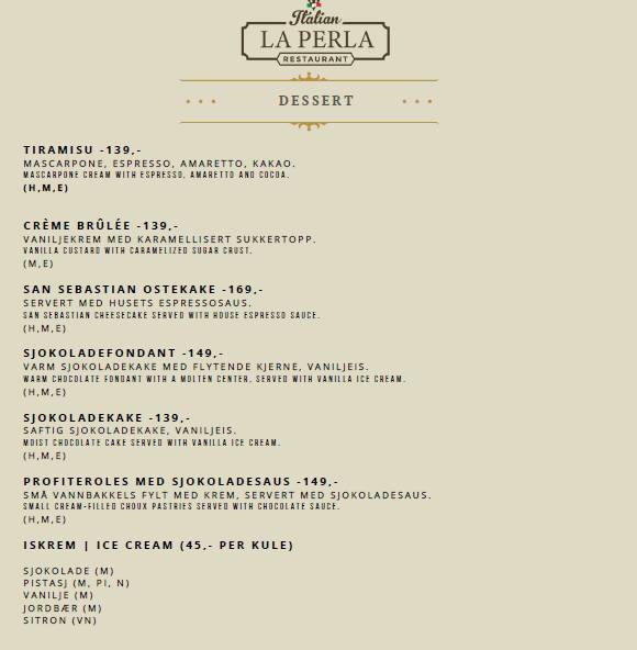 La Perla Restaurant меню