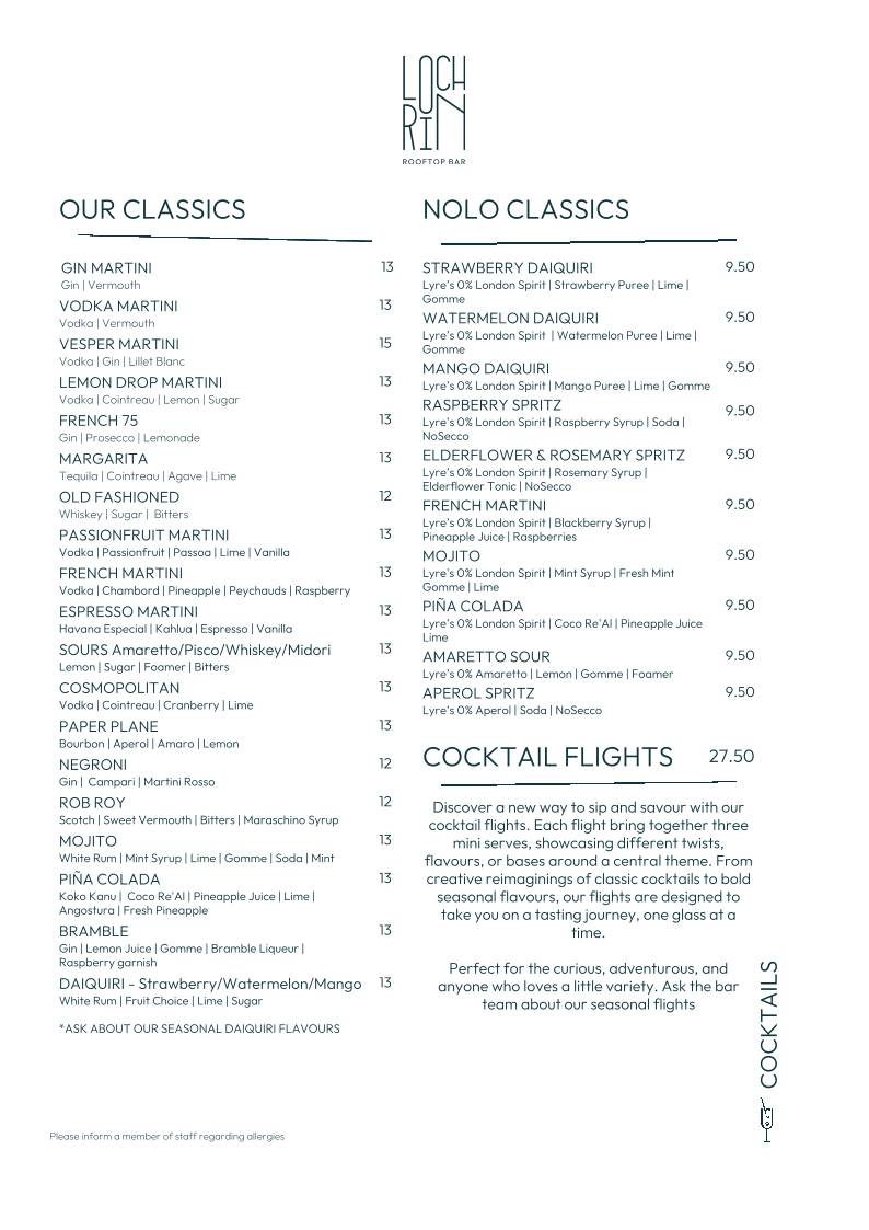Lochrin Rooftop Bar меню