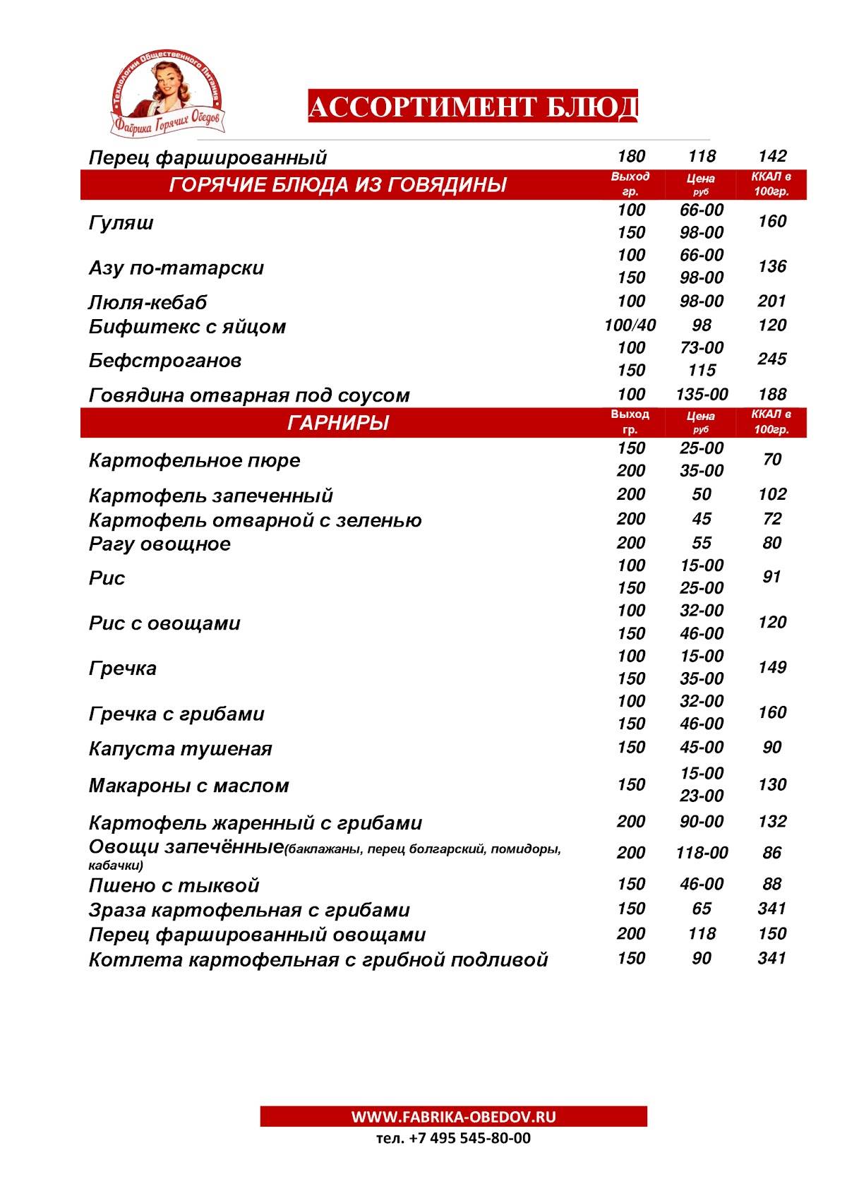 Фабрика обедов меню