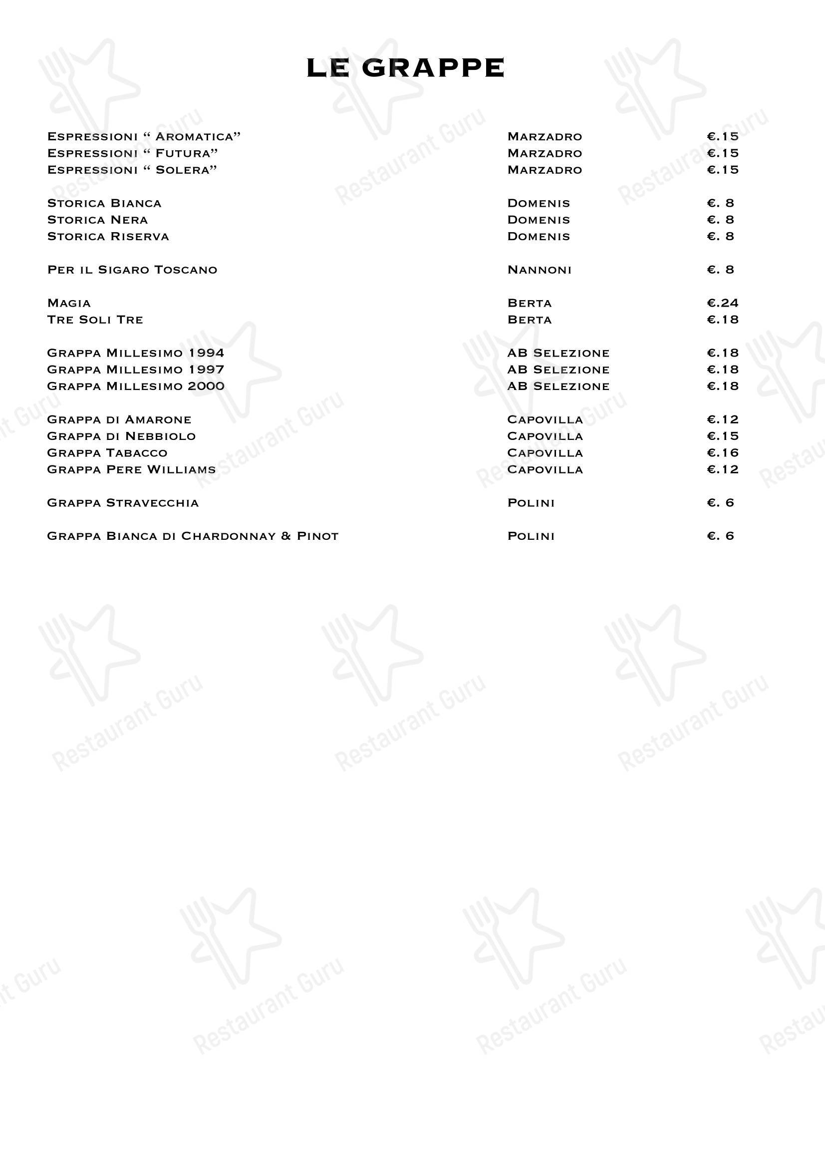 Основное меню ресторана Matermatuta
