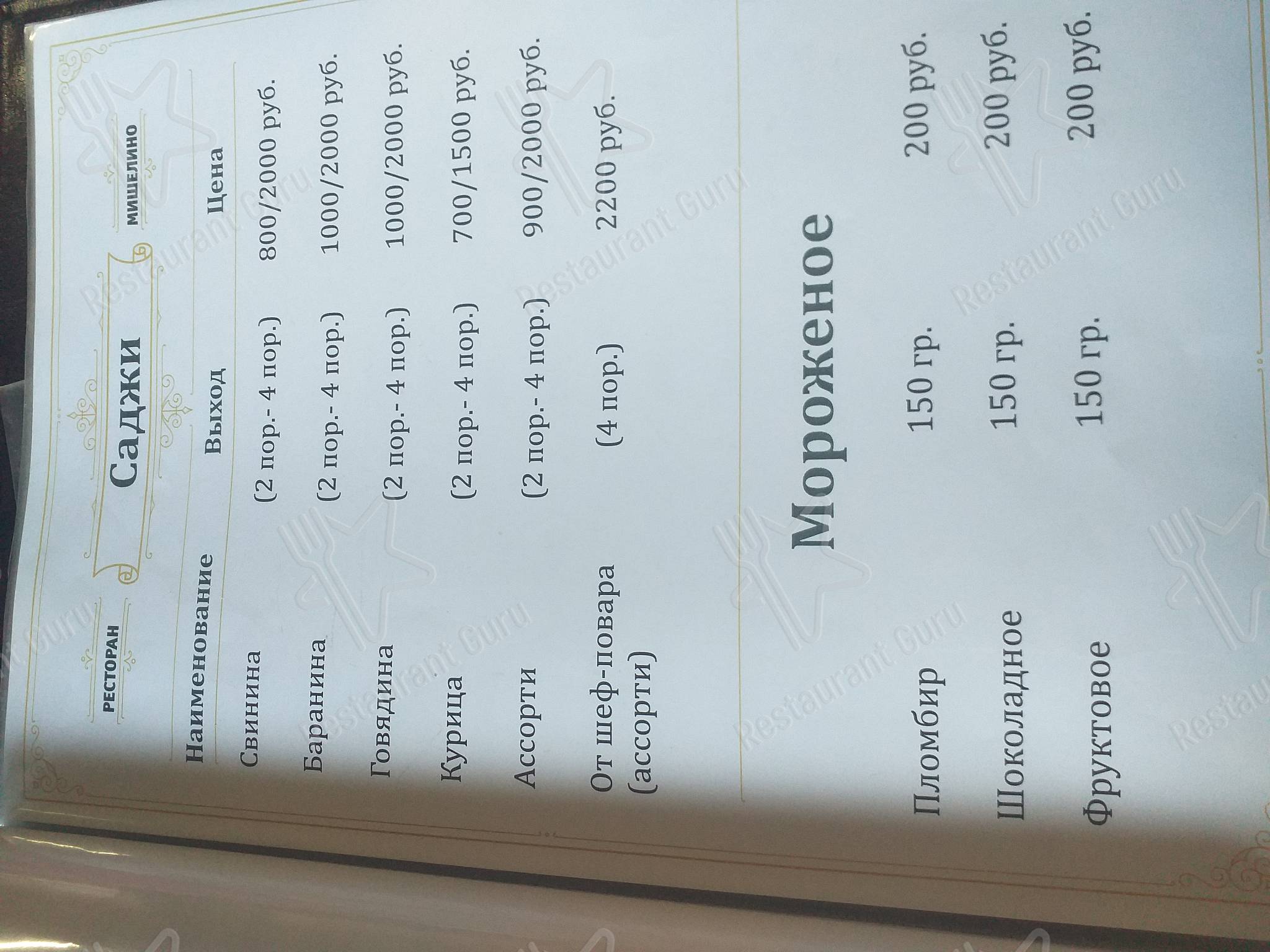 Меню ресторана Мишелино