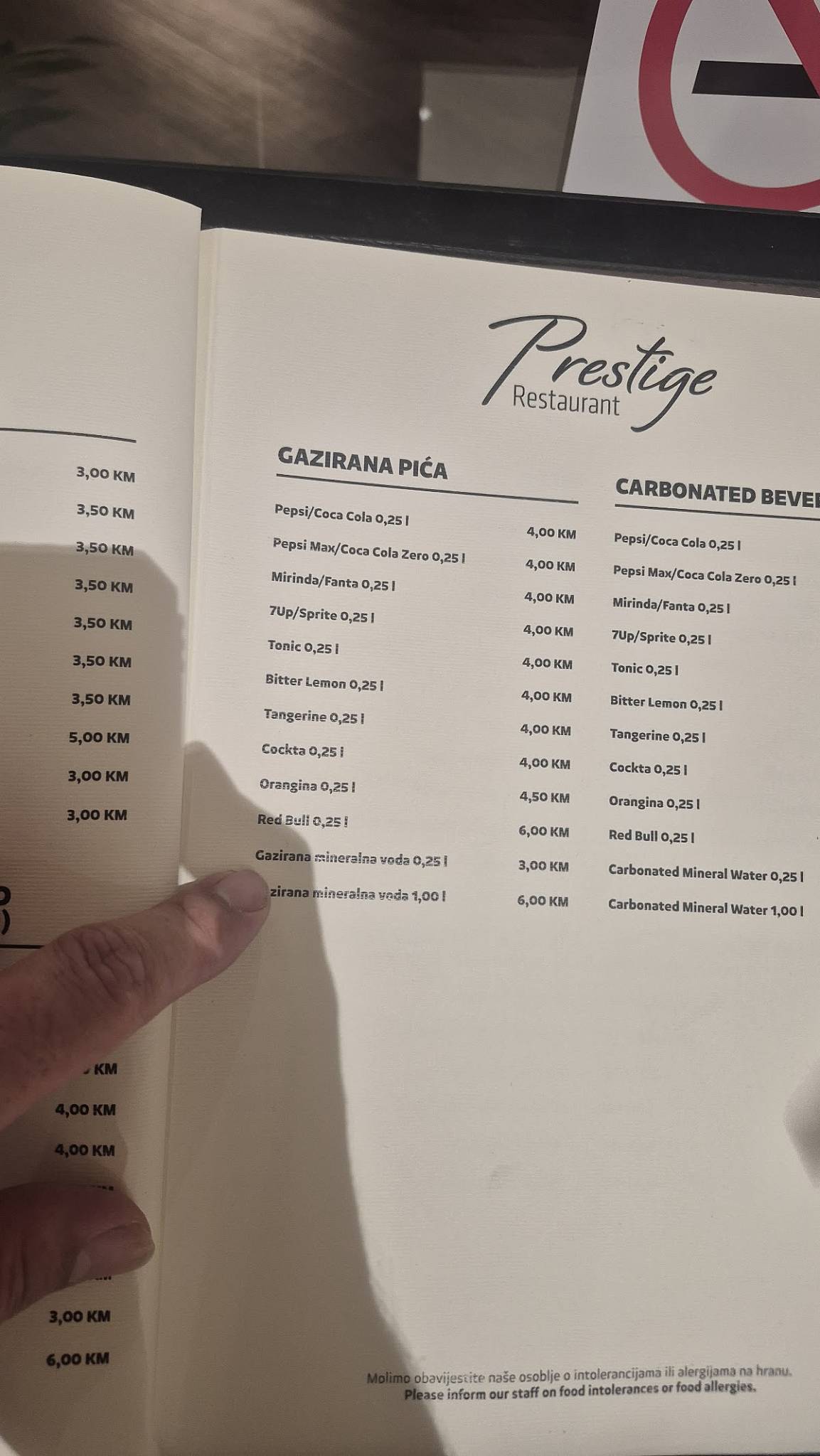 Restoran Prestige меню