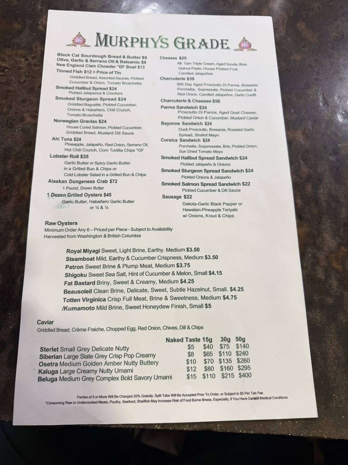 Murphys Grade CBD - n Oyster Joint меню