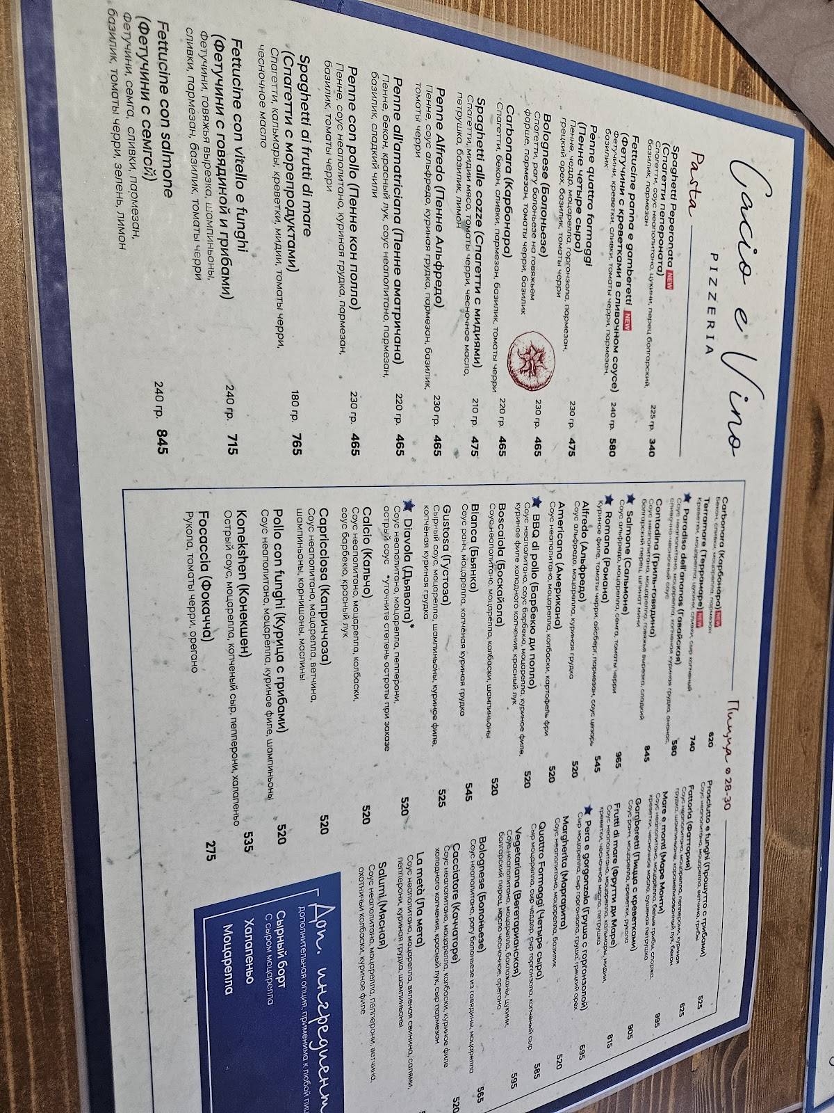 Пиццерия Cacio e vino меню