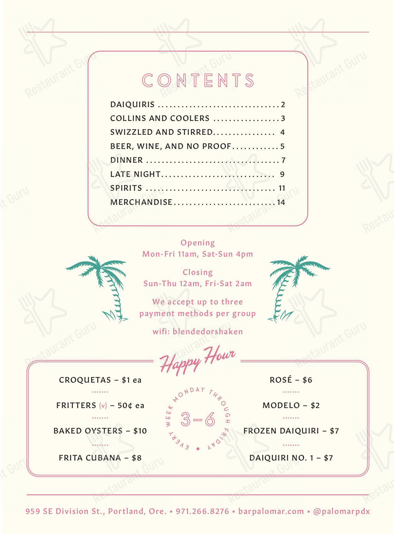 Меню ресторана Palomar - Takeaway Menu