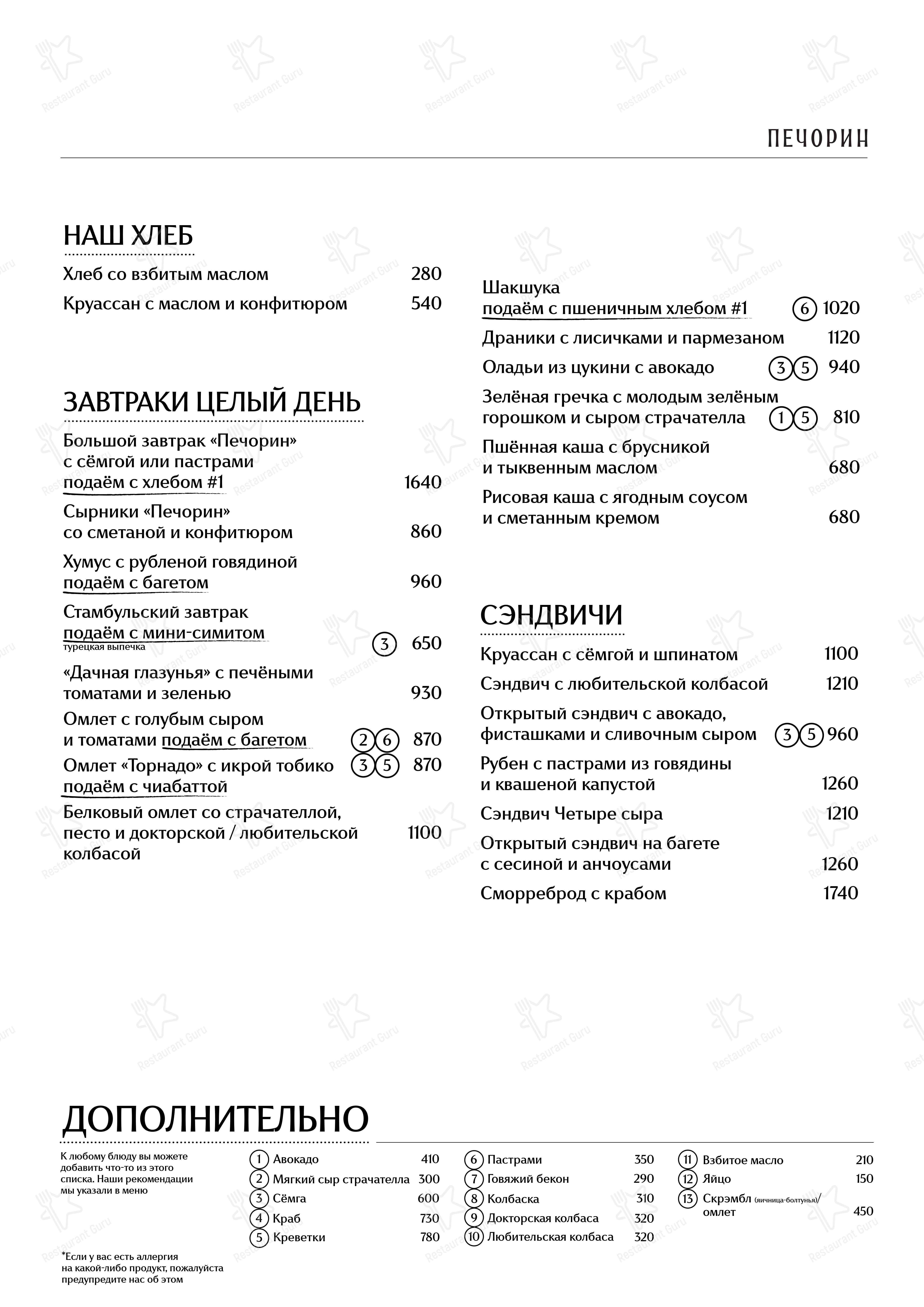 Меню напитков кафе Печорин в Москве