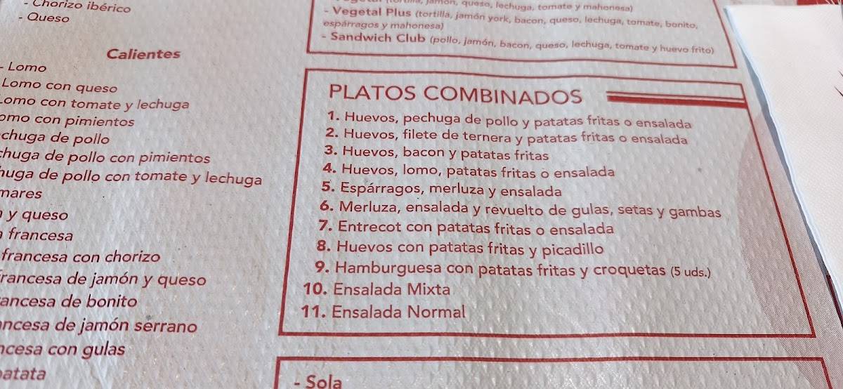 Cafetería Pindal 2 меню