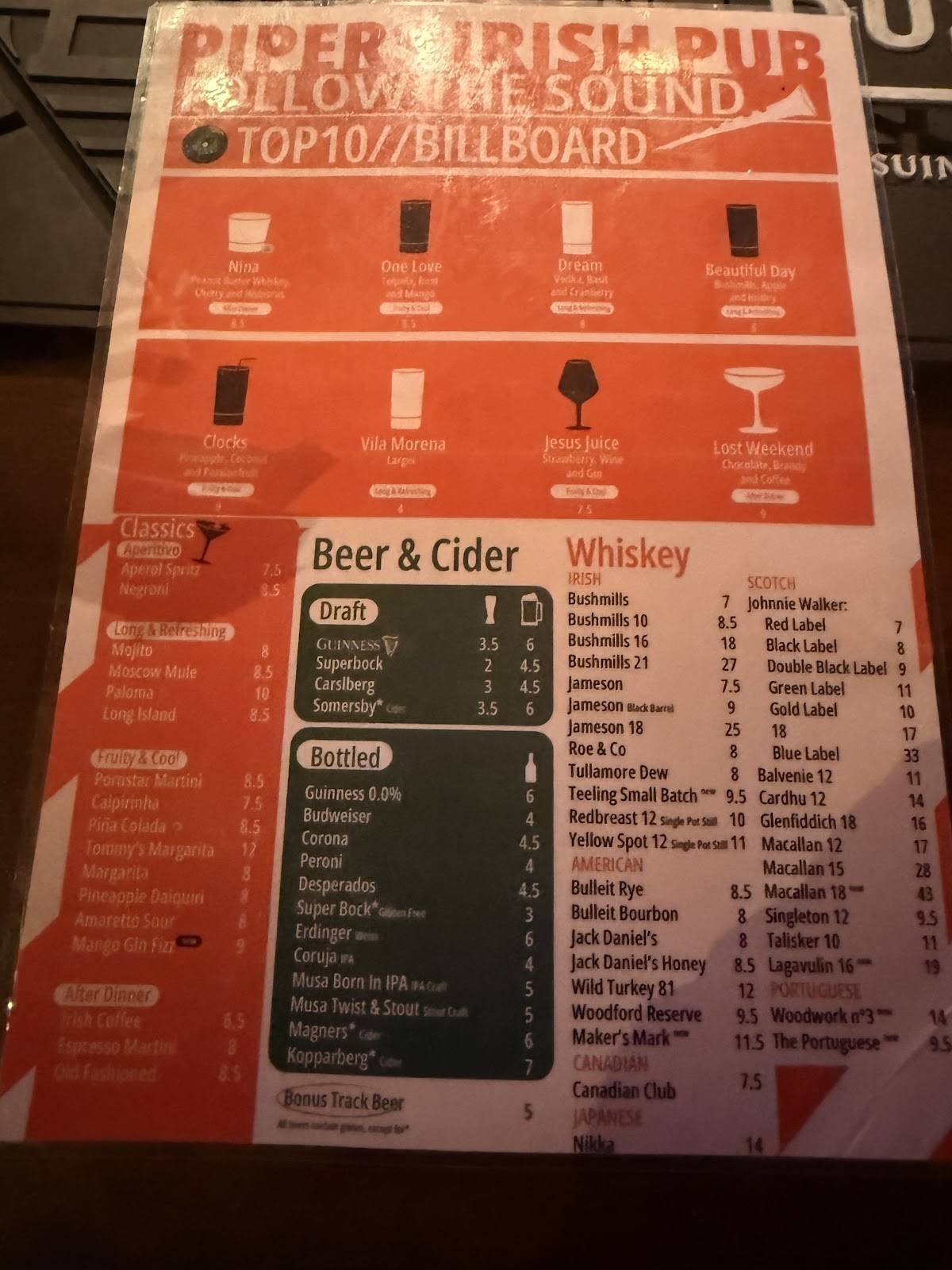 Piper's Irish Pub меню