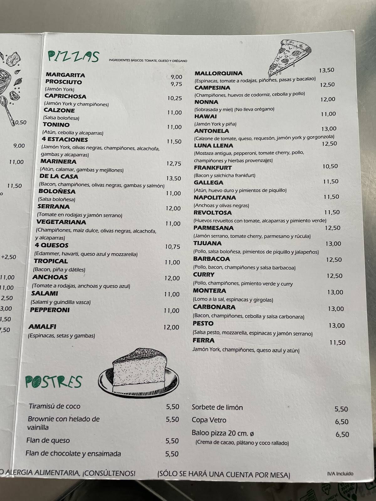 Pizzería Vetro меню