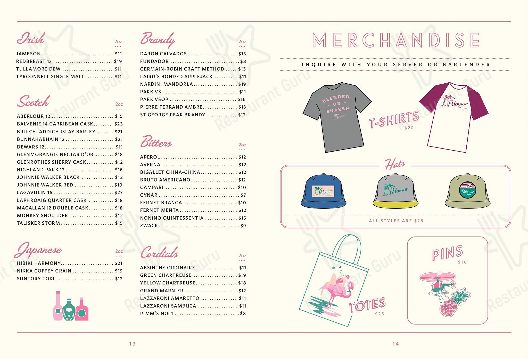 Takeaway Menu ресторана Palomar