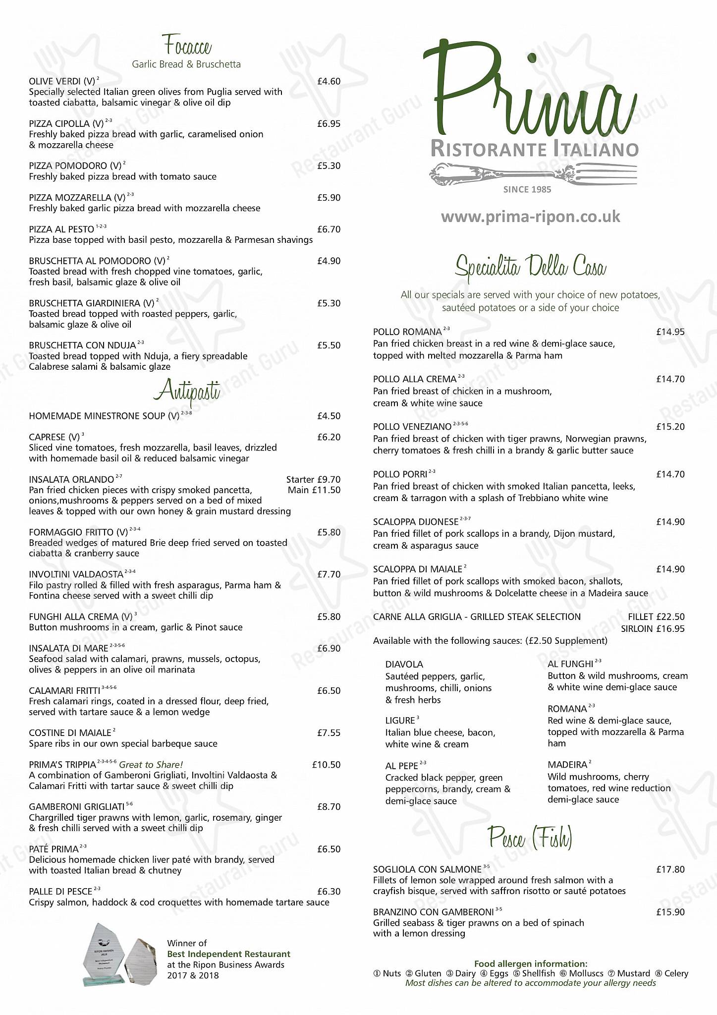 Меню ресторана Prima Pizzeria - Pizza Menu