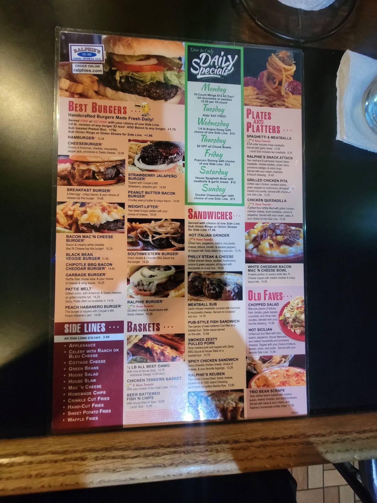 Ralphies Sports Eatery меню