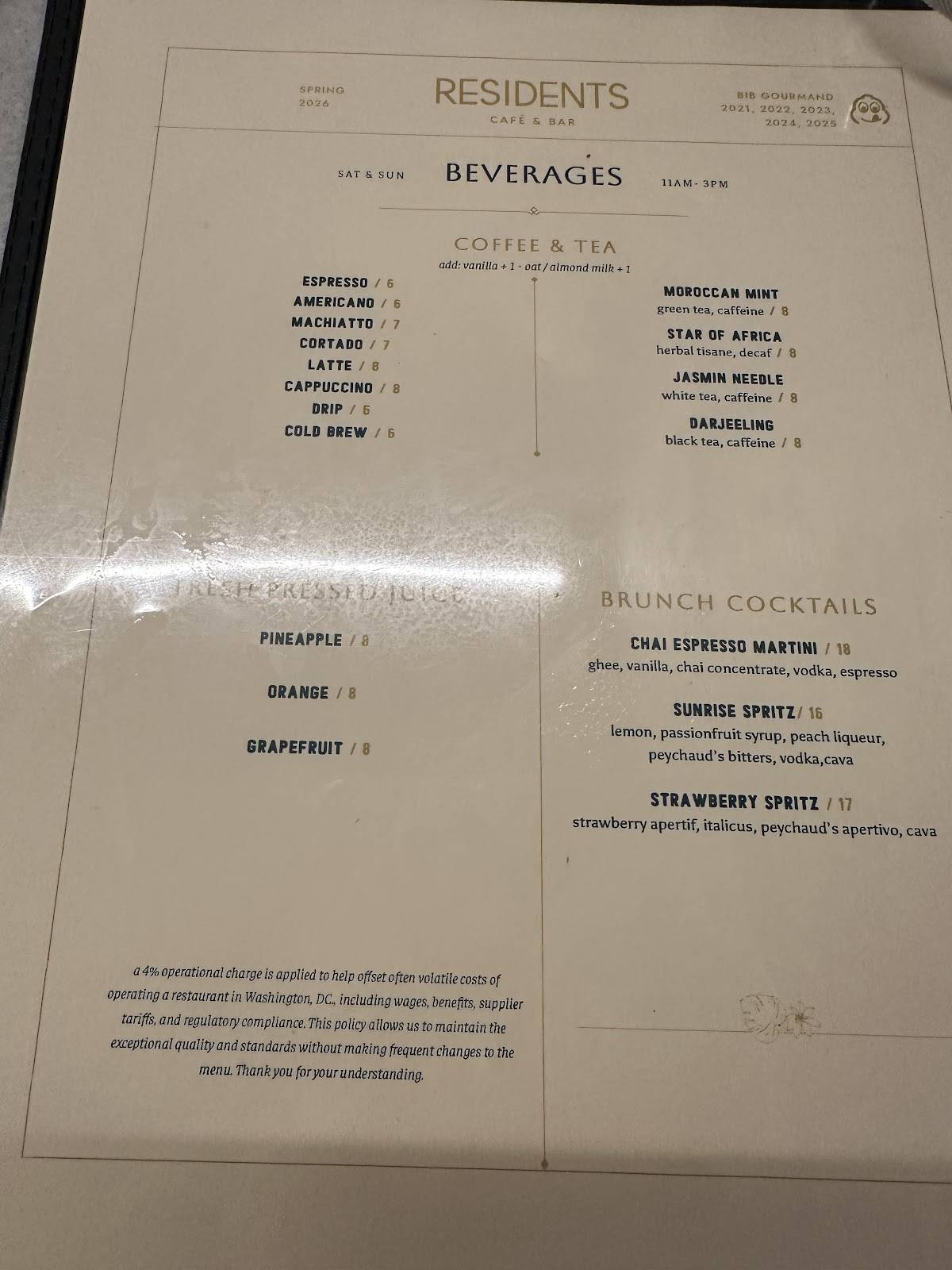 Residents Cafe & Bar меню