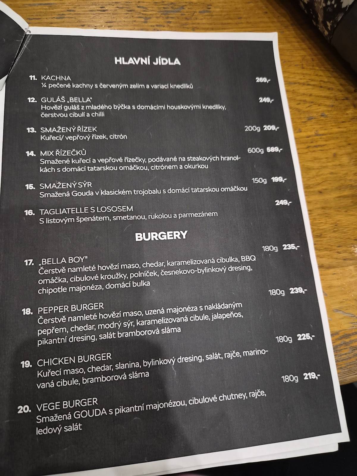 Restaurace Bella меню