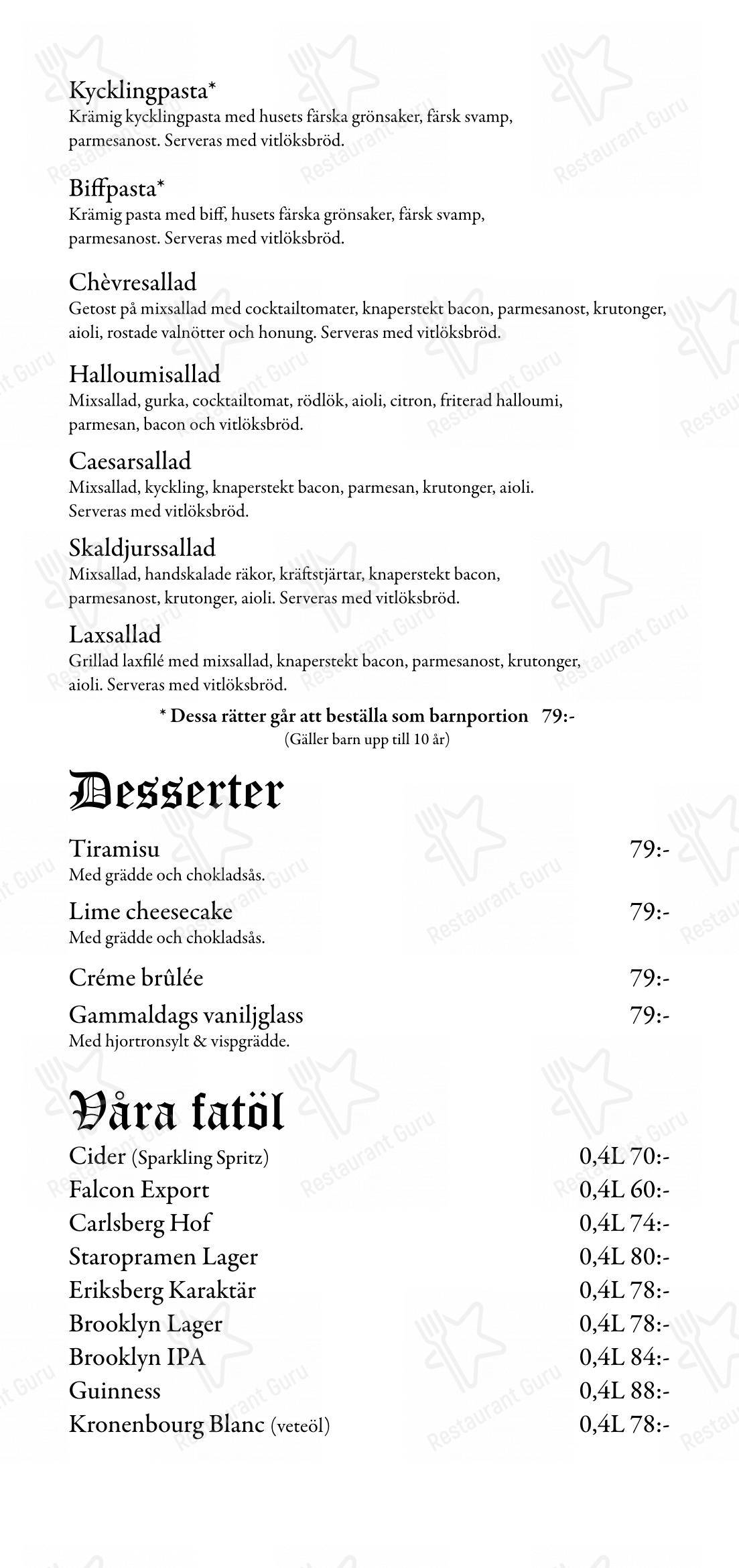 Меню ресторана Restaurang Hamlet в Линчёпинге