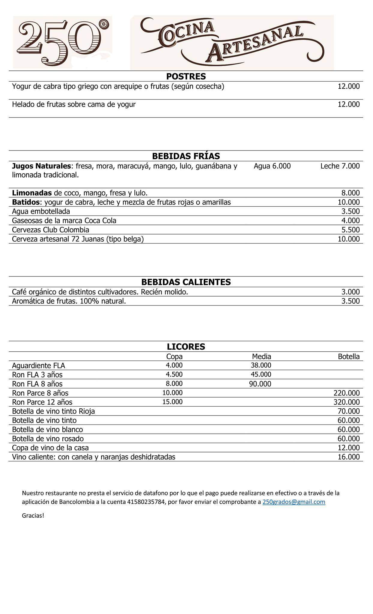 250 grados Retiro меню