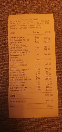 Адмирал меню