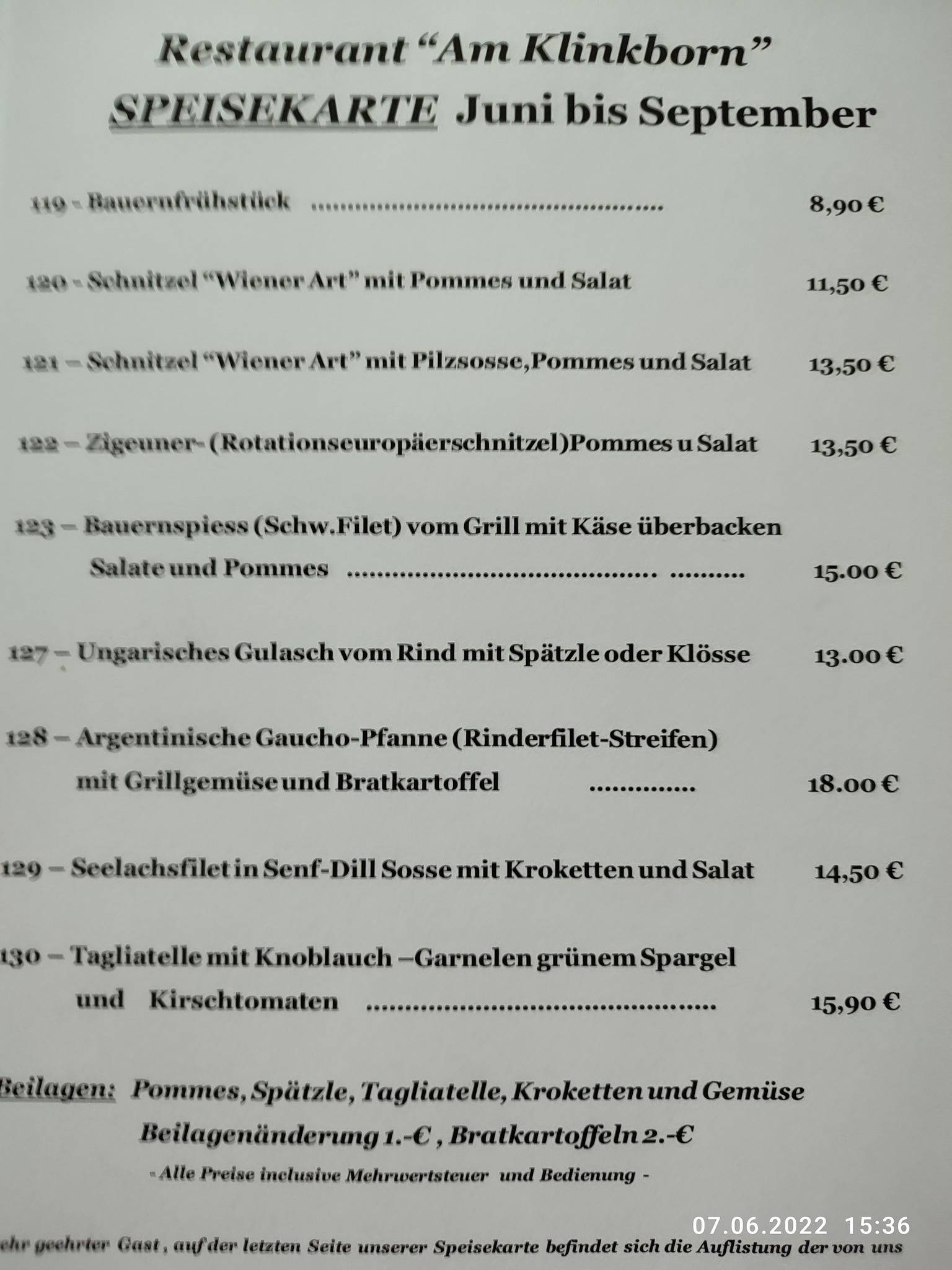 Restaurant Am Klinkborn меню
