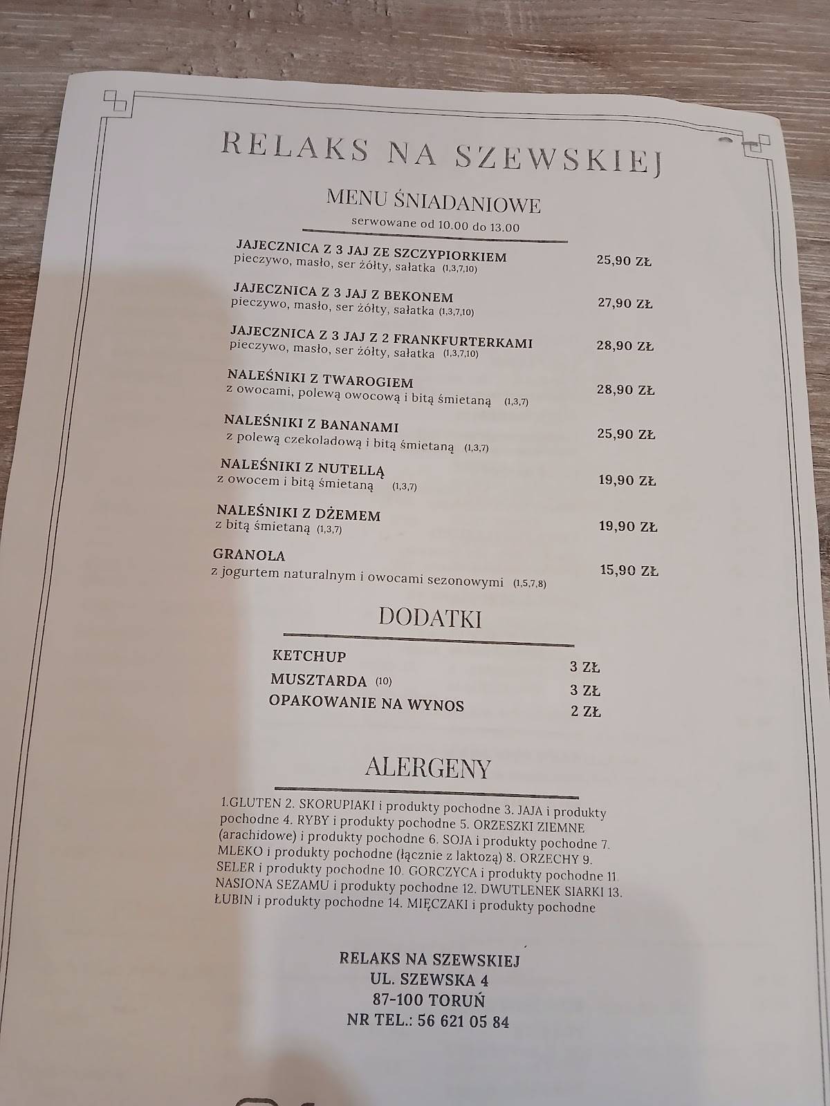 Cafe Relaks na Szewskiej меню