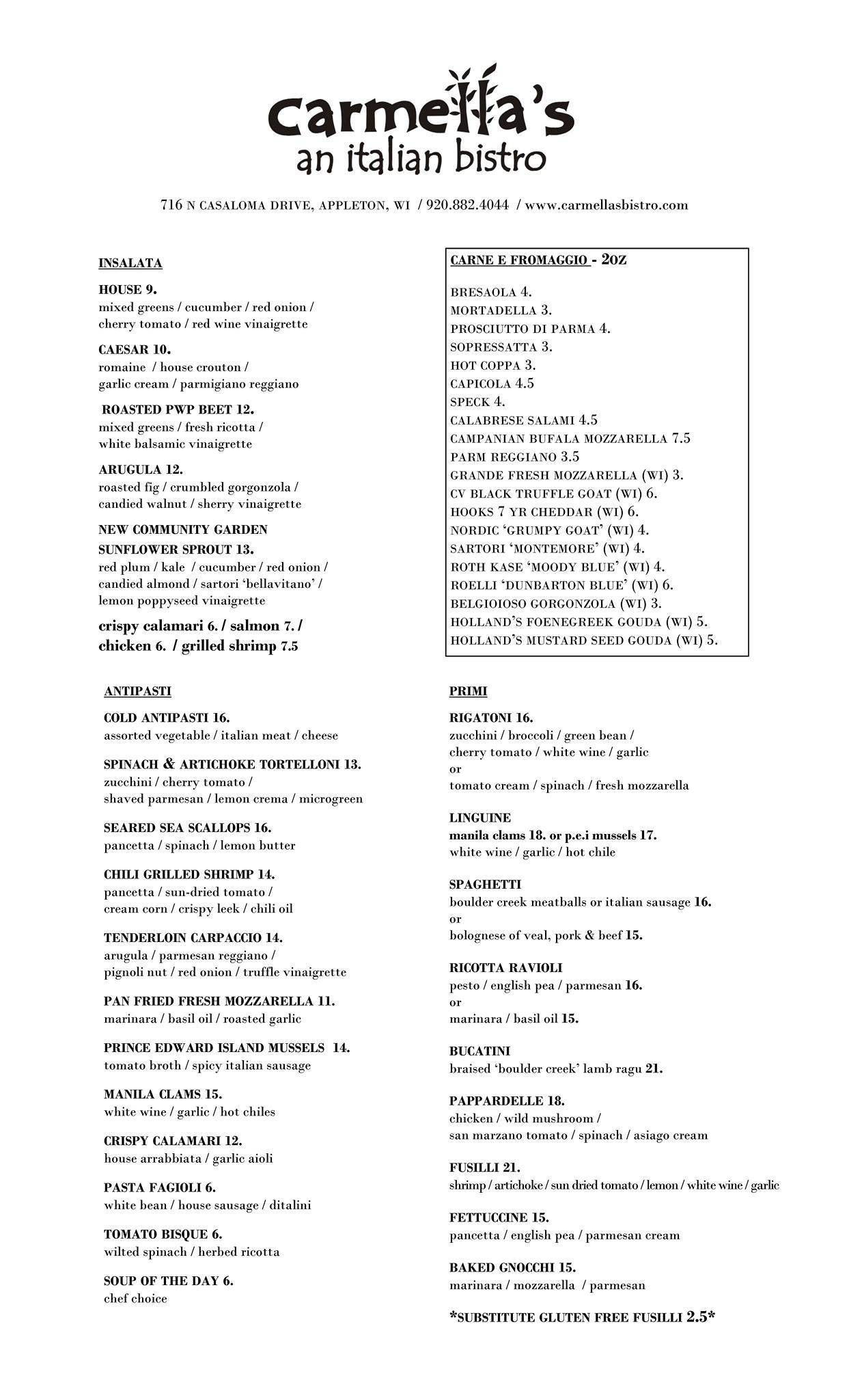 Carmella's an Italian Bistro меню