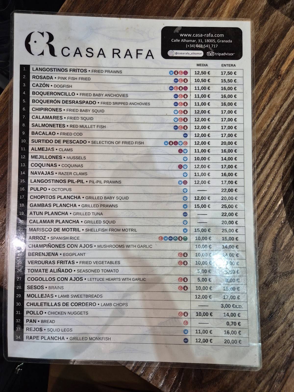 Casa Rafa Granada меню