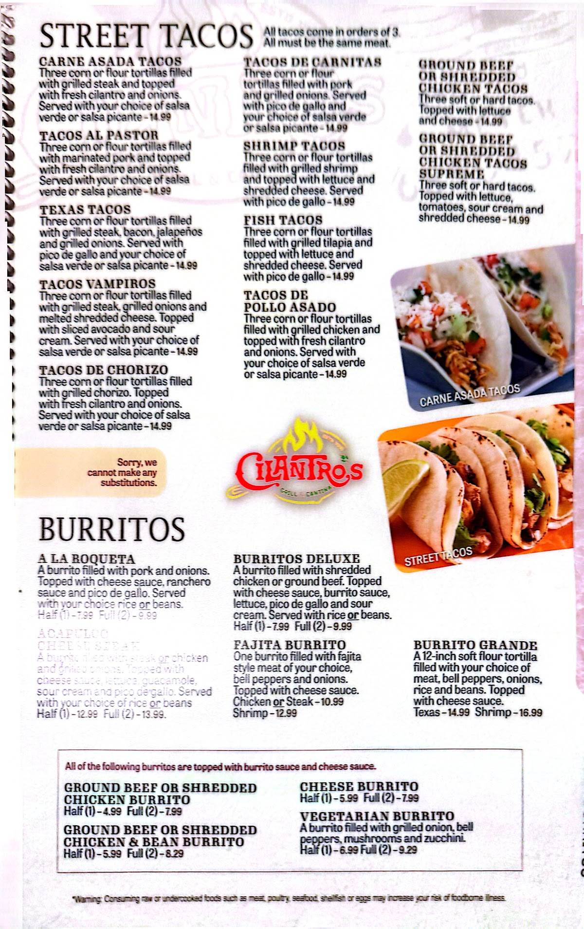 Cilantros Mexican Restaurant меню