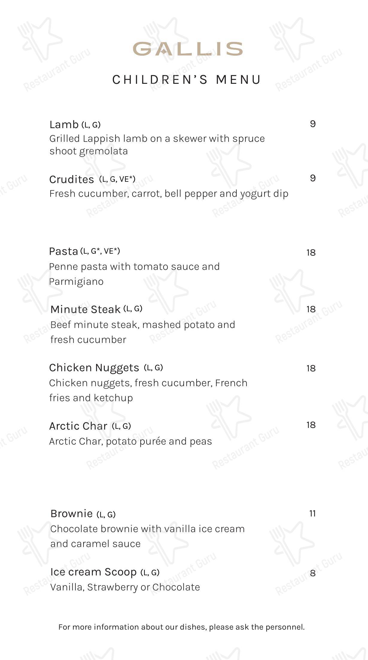 菜单 ресторана Restaurant Gallis в Рованиеми