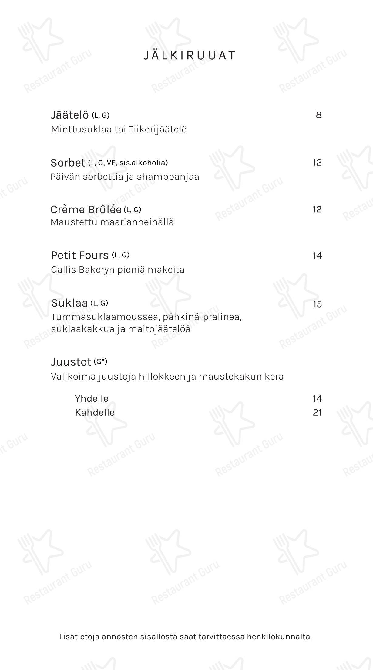 Restaurant Gallis в Рованиеми - Основное меню
