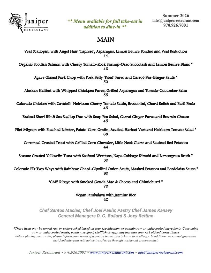 Juniper Restaurant Edwards CO меню
