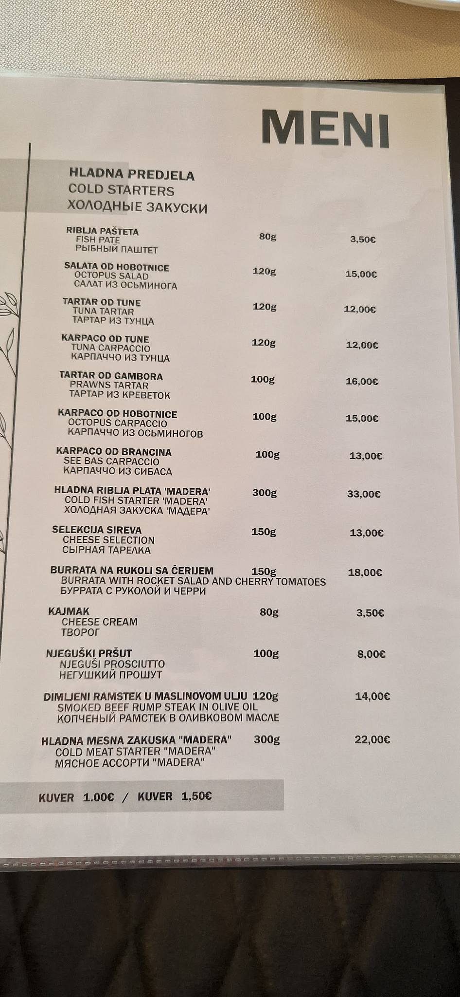 Restaurant MADERA меню