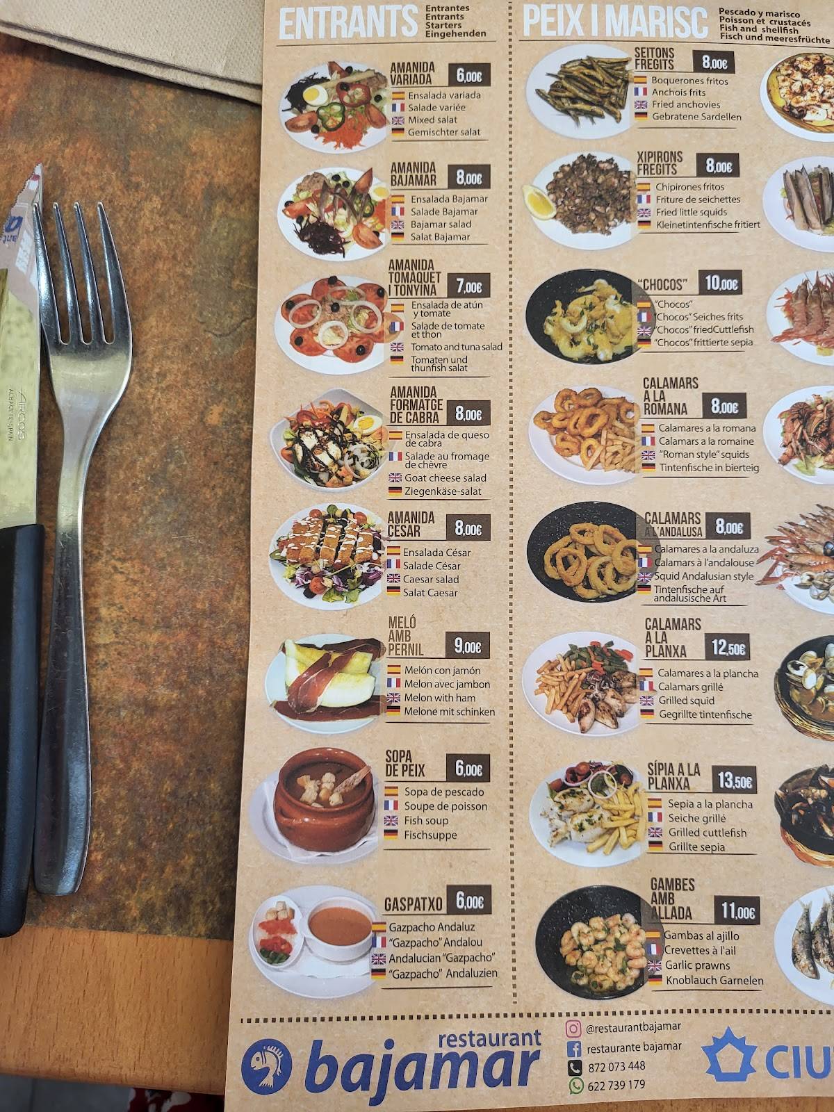 Restaurant Bajamar Buffet libre меню