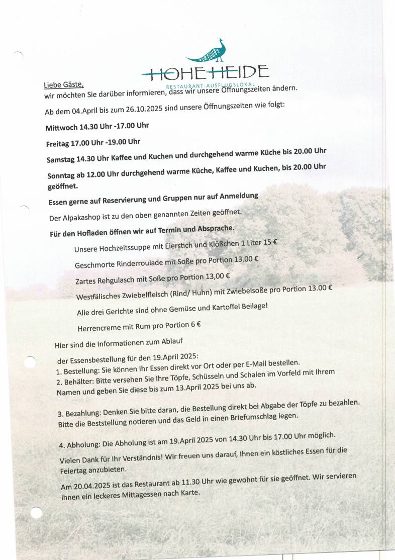 Restaurant Hohe Heide Beckmann Alpaka Spaziergänge und Alpaka-Produkte меню