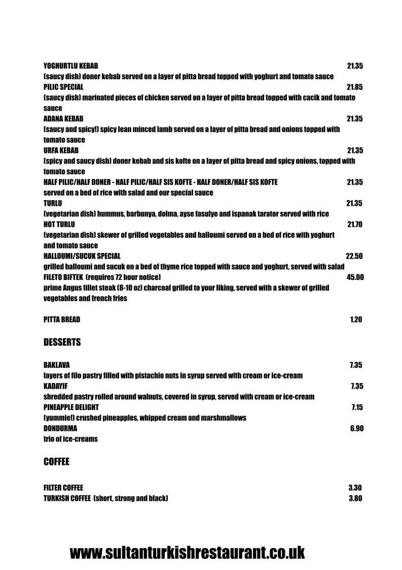 Sultan Turkish Restaurant меню