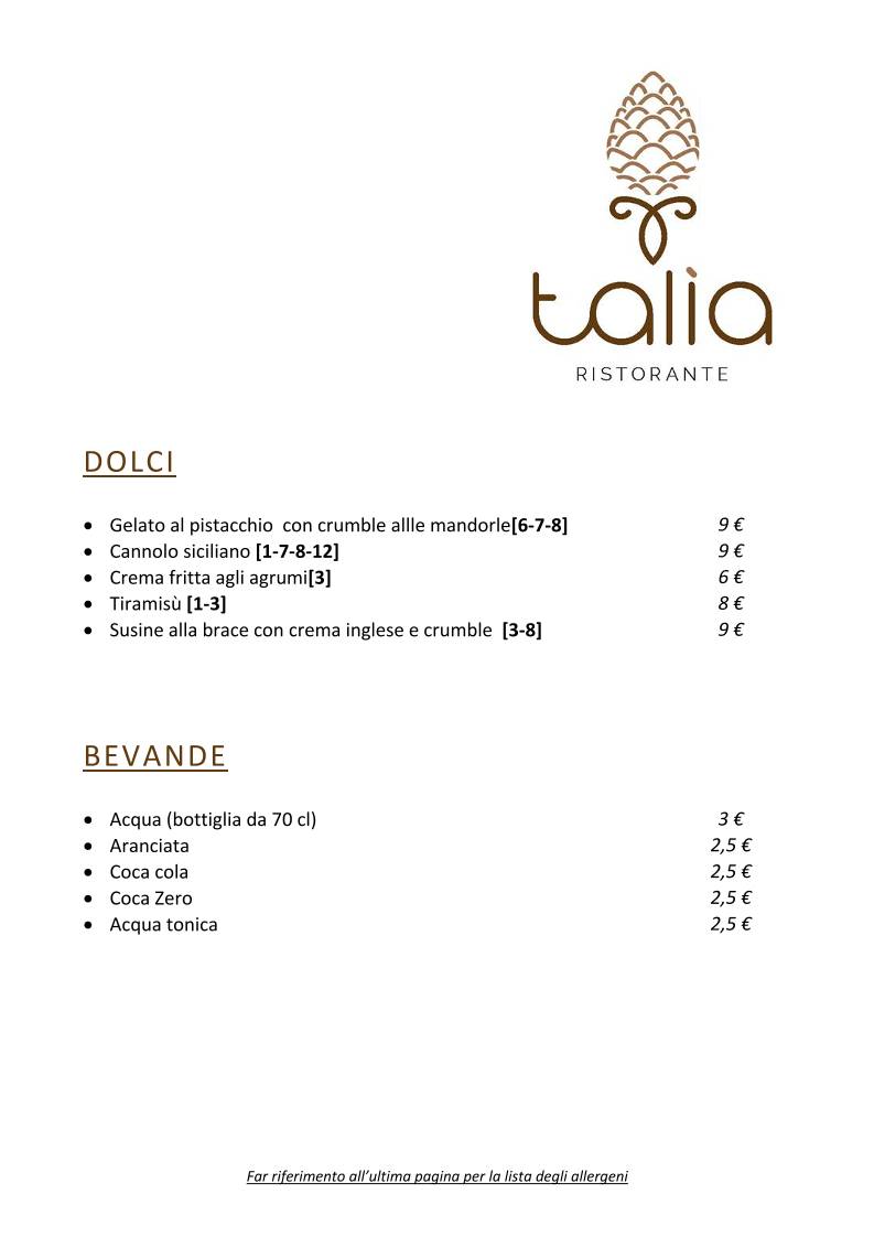 Talìa Ristorante меню
