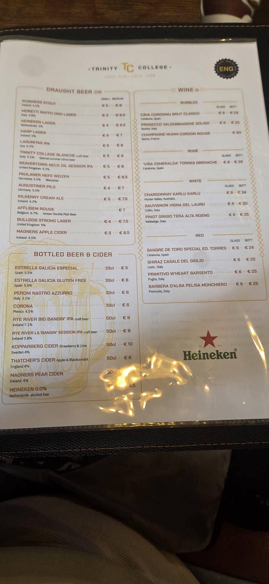 Trinity College Pub меню