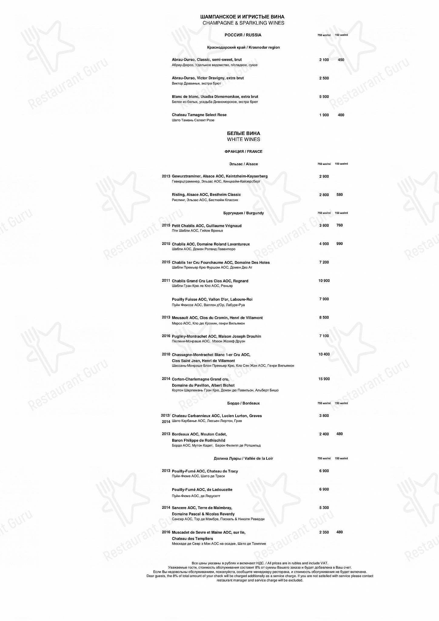 ВИНО&ВОДА в Санкт-Петербурге - Bar Grill Menu