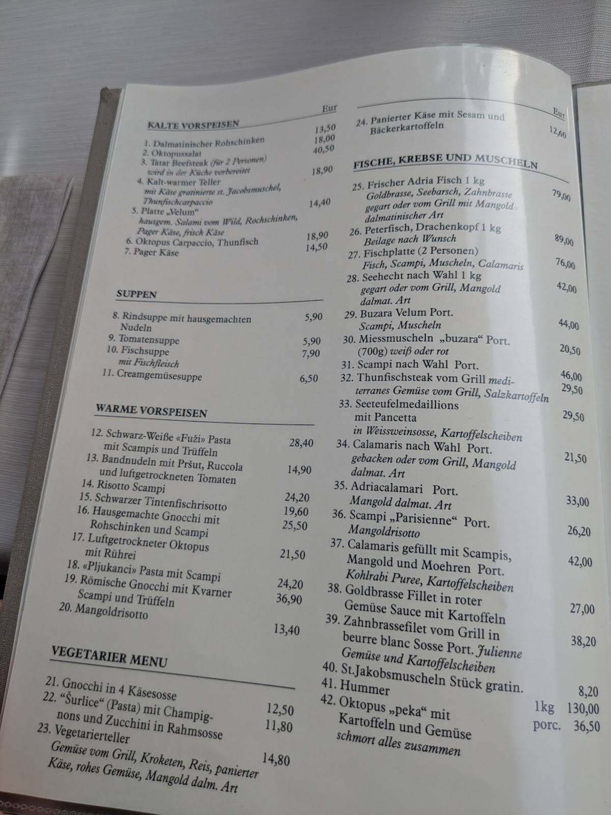 Restaurant & Caffe „Velum“ меню
