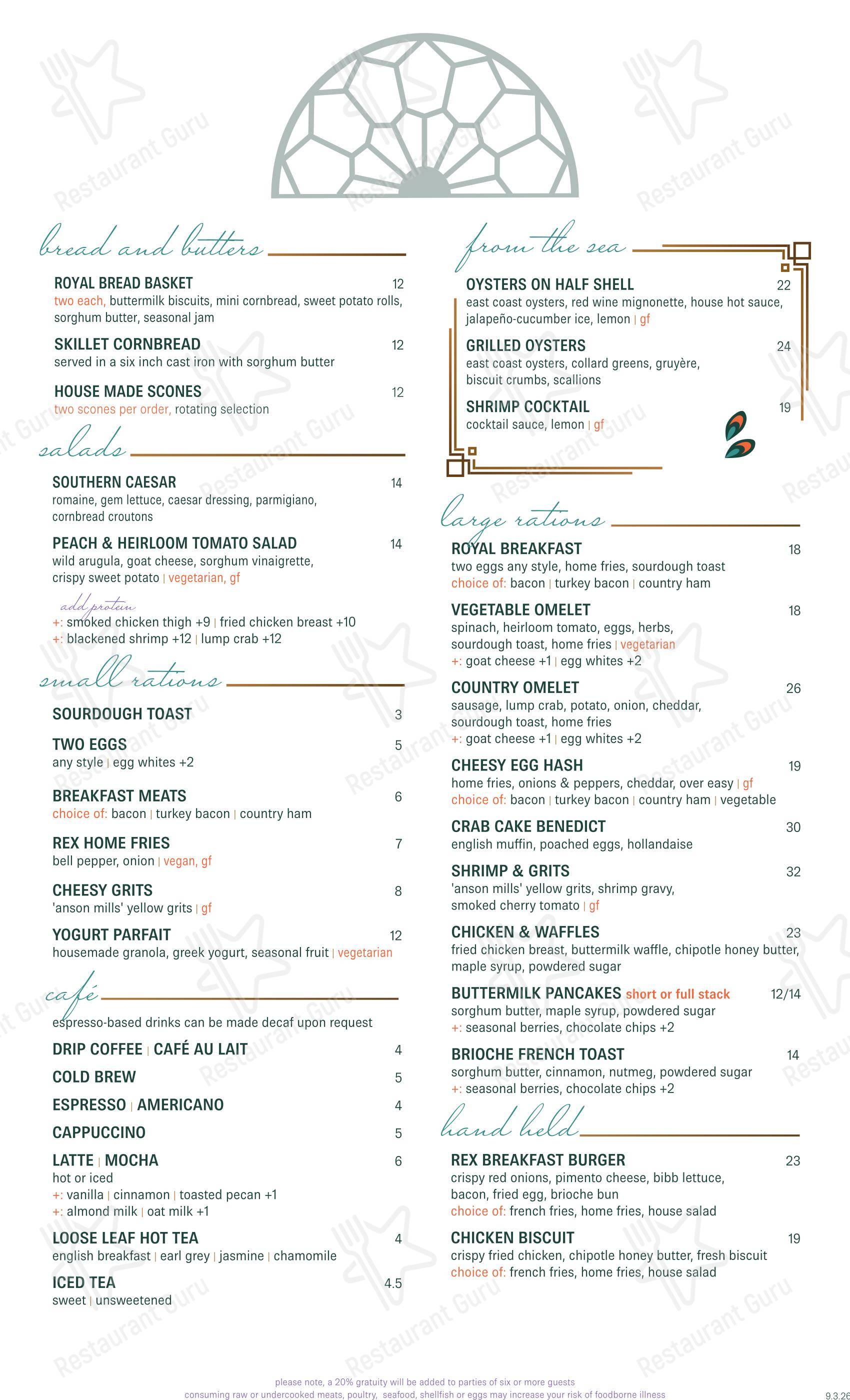 Меню ресторана Rex at the Royal - Dinner Menu