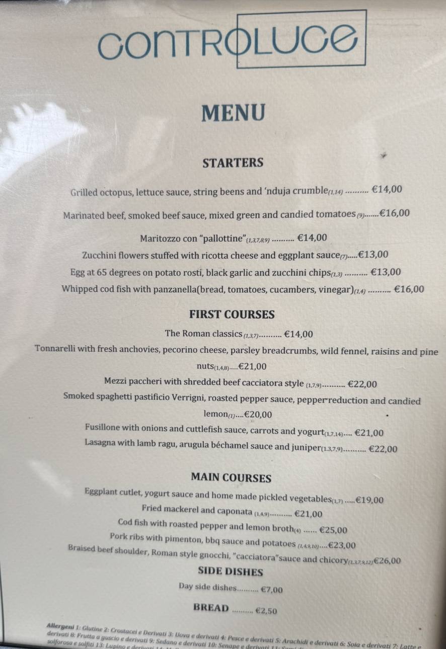 Ristorante Controluce меню