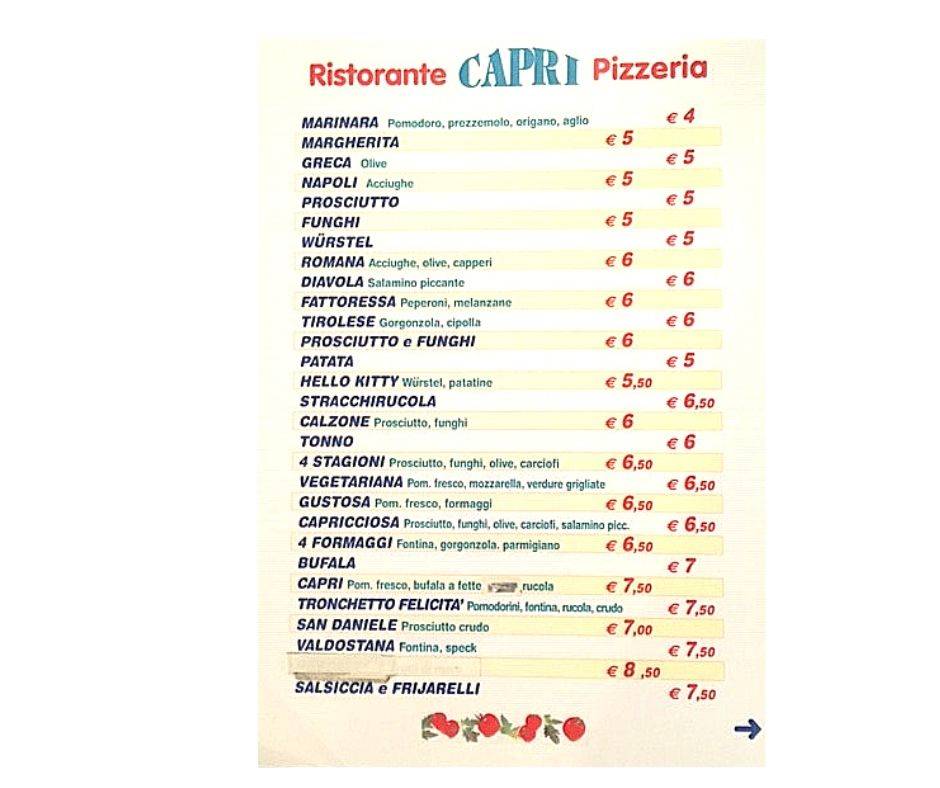 Ristorante Pizzeria Capri меню