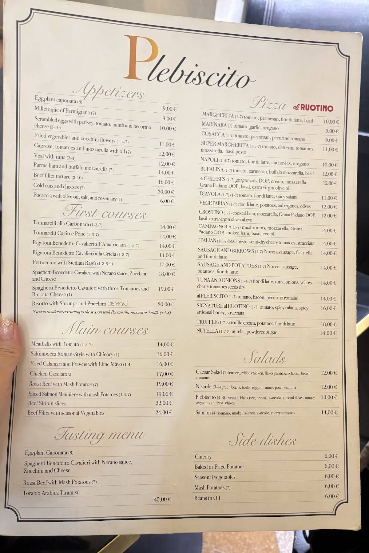 Ristorante Plebiscito меню
