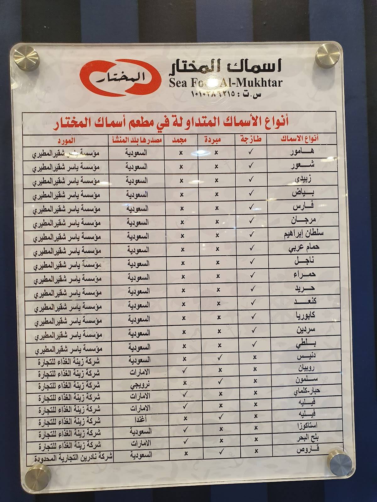 أسماك المختار меню