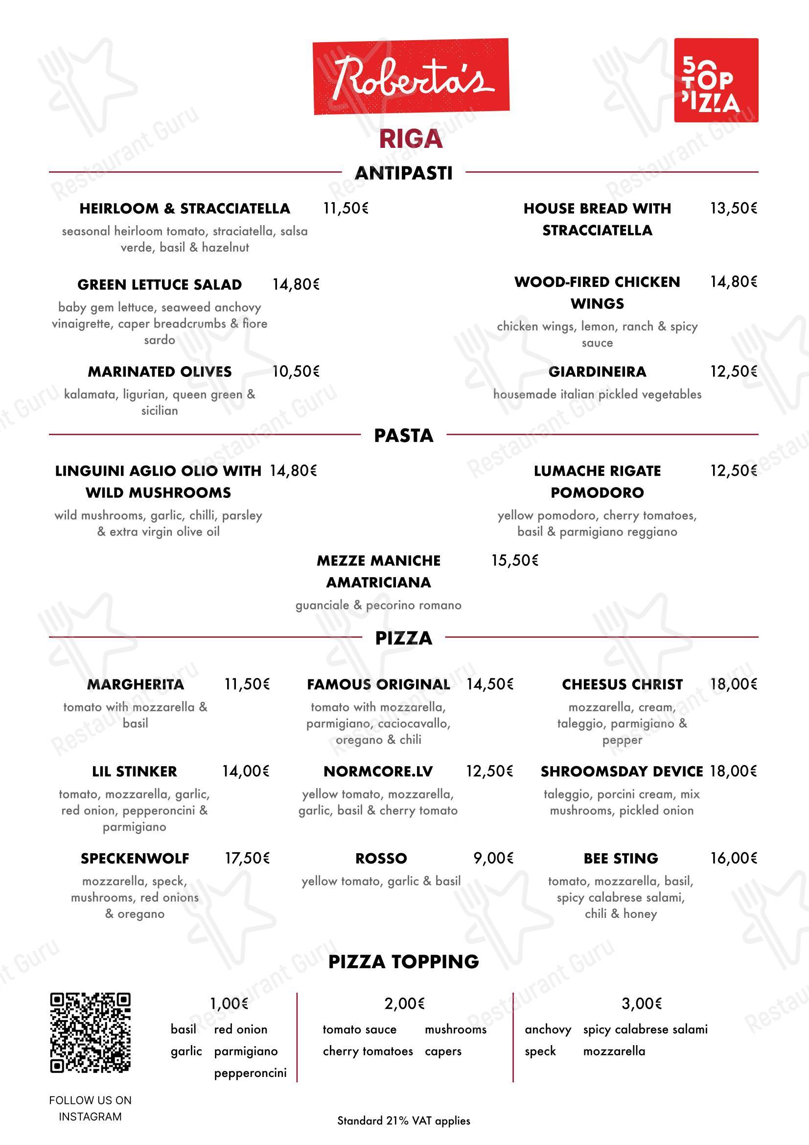 Меню ресторана Roberta’s Pizza в Риге