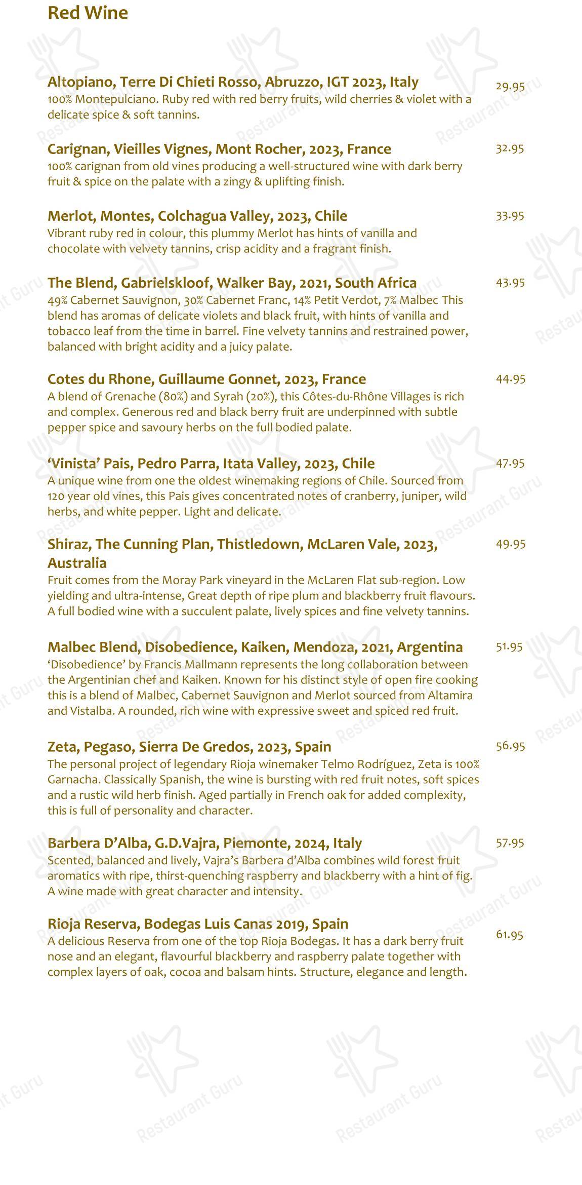 Dinner Menu паба и бара Rocpool