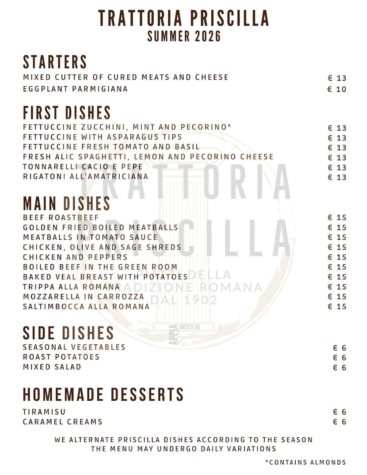 Trattoria Priscilla - since 1902 меню